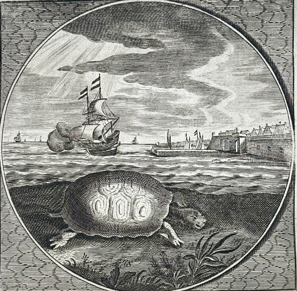Adriaen van de Venne (after) – Emblem XV: Fugiendo, non effugit – The Tortoise and the Burden of Self – Copperplate Engraving from Alle de Wercken by Jacob Cats (1726)