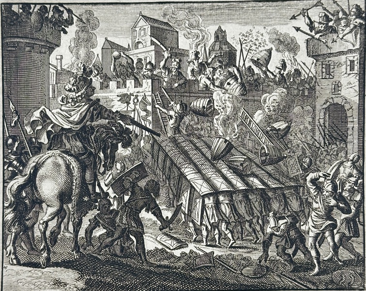 Adriaen van de Venne (after) – Allegorical Scene: Bees Defending a Besieged City – Copperplate Engraving from Alle de Wercken by Jacob Cats (1726)