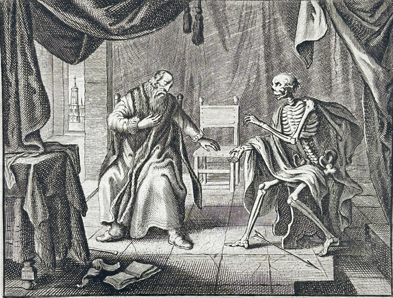 Adriaen van de Venne (1589–1662), after – ‘t Samen-Spraeck tusschen de Dood en een Oud Man – Copperplate Engraving from Alle de Wercken by Jacob Cats (c.1655, published 1726)