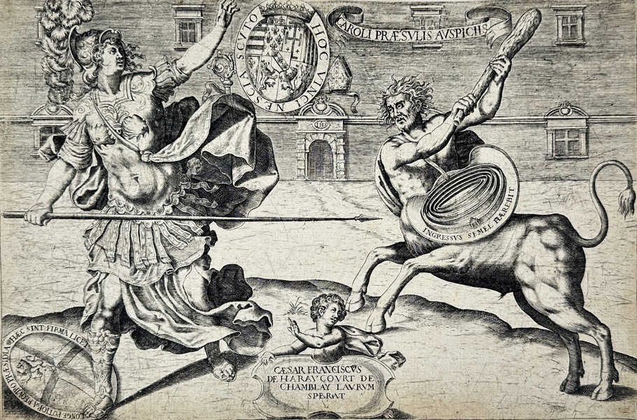 César-François de Haraucourt de Chamblay – Allegorical Engraving with Minerva and the Centaur – Engraving (17th Century)