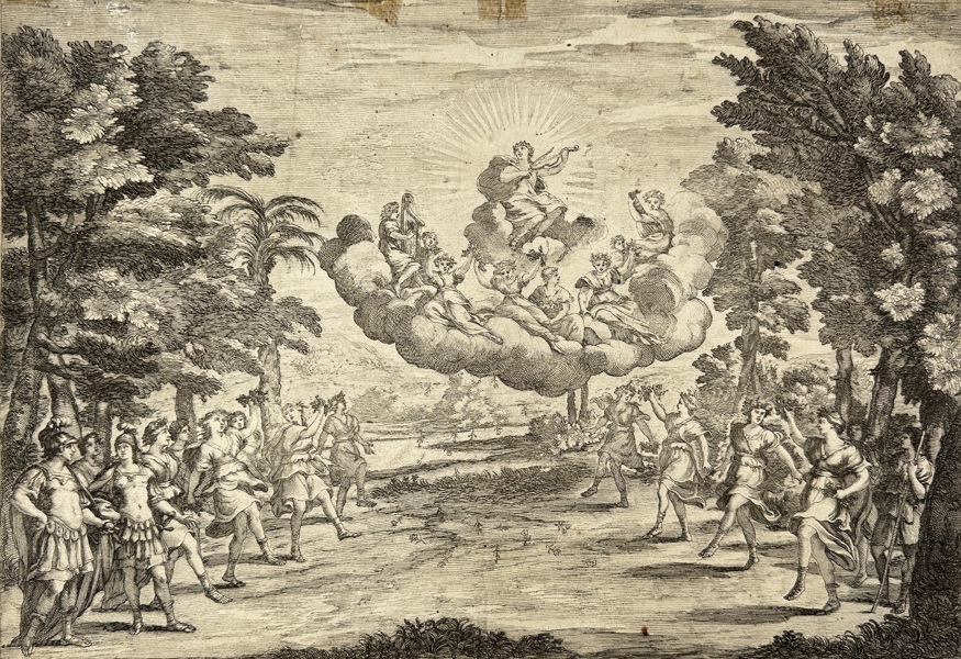 Andrea Camassei (1602–1649) & Johann Friedrich Greuter (c.1590–1662) – Apollo and the Muses with Heroes of Antiquity – Engraving (17th Century)