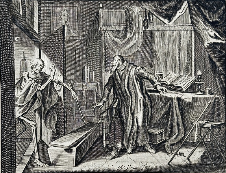 Adriaen Pietersz van de Venne (1589–1662) – Death and the Old Scholar – Etching from Alle de Wercken by Jacob Cats (17th Century)
