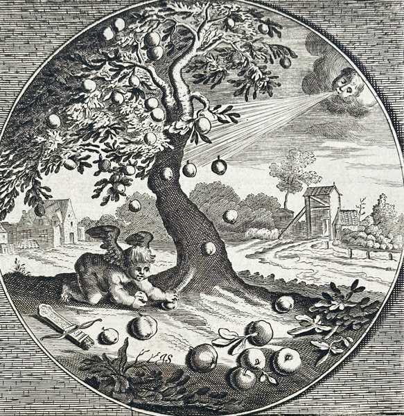 Adriaen Pietersz van de Venne (1589–1662) – Mite, Pyrum vel Sponte Fluit (The Ripe Pear Falls Freely) – Etching from Emblemata Moralia by Jacob Cats (17th Century)