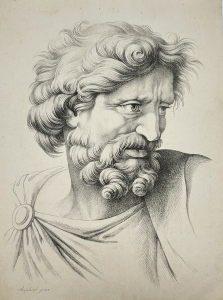 Raphael (1483–1520), after – Bearded Man in Three-Quarter Profile – Chalk Lithograph in Brown (19th Century)