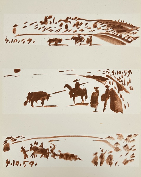 Pablo Picasso (1881–1973) – 4.10.59 – Three Studies of Bull and Horsemen – Sepia Ink Drawing from the Toros y Toreros Series (1959)