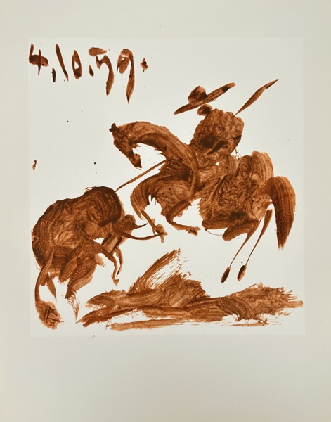 Pablo Picasso (1881–1973) – 4.10.59 – Picador and Bull – Sepia Ink Drawing from the Toros y Toreros Series (1959)