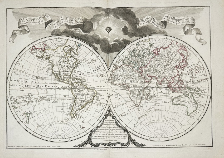 Guillaume Delisle (1675–1726) & Philippe Buache (1700–1773) – World Map / Mappemonde – Hand-Coloured Double Hemisphere Engraving (c.1780s, published by Dezauche)