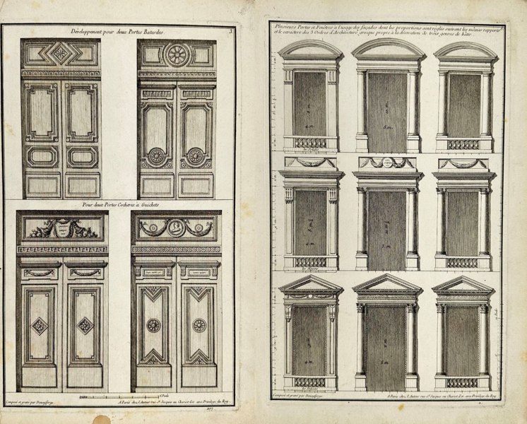Jean-François de Neufforge – Set of 2 Architectural Prints – Door Elevations and Structural Diagram – Engravings (1770)