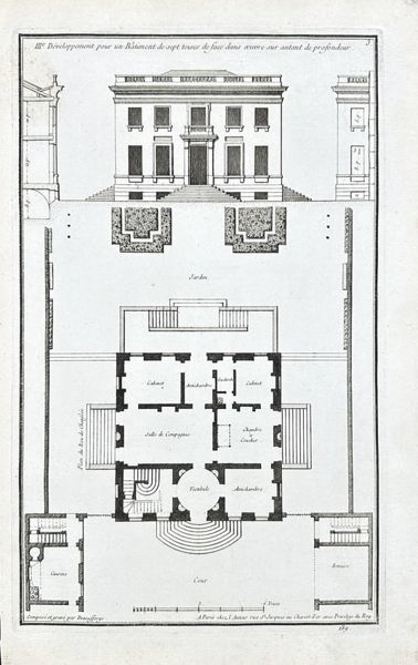 Jean-Francois de Neufforge - Old Etching - Architectural Facade and Floor Plan