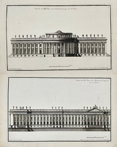 Jean-François de Neufforge – Ensemble de 2 Gravures Architecturales – Façade à l’Ionique et Colonnade de Perrault – Gravures (1770)