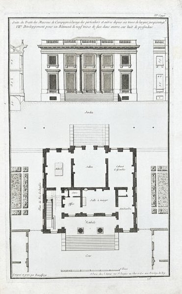 Jean-Francois de Neufforge - Architectural Etching - Building Facade and Floor Plan