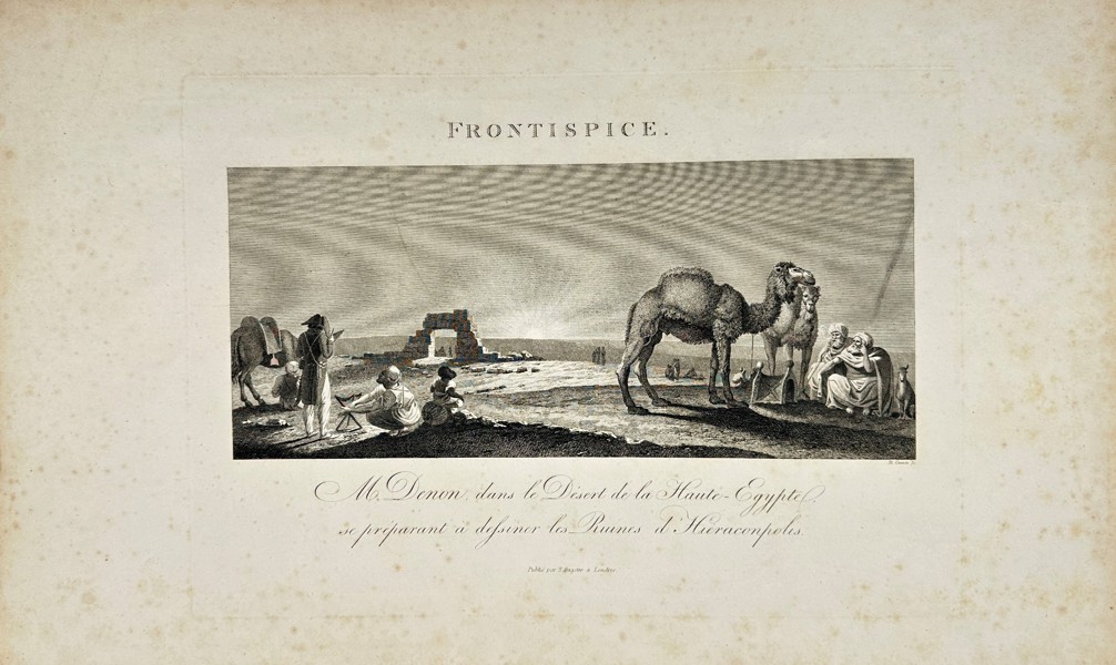Dominique Vivant Denon (1747–1825) – People with Camels in Upper Egypt – Engraving from Voyage dans la Basse et la Haute Égypte – “Frontispice, AM. Denon Suns b. Diesest de la Haute-Egypte...” (1809)