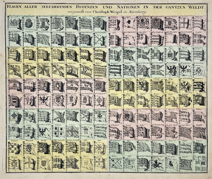 Christoph Weigel (1654–1725) – Flagen Aller Seefahrenden Potenzen und Nationen in der gantzen Welt / Flags of All Seafaring Powers and Nations of the World – Hand-Coloured Copper Engraving (c.1720)