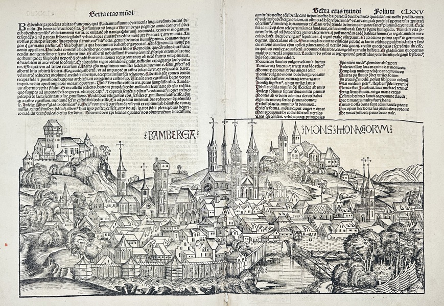 Hartmann Schedel (1440–1514) – View of Bamberg and Mons Honagorum – Woodcut from the Nuremberg Chronicle (1493)