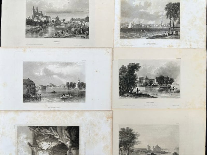 Joseph Meyer - Set of 6 Prints - Eskilstuna, Upsala, Gripsholm Castle, Mariefred, Stockholm