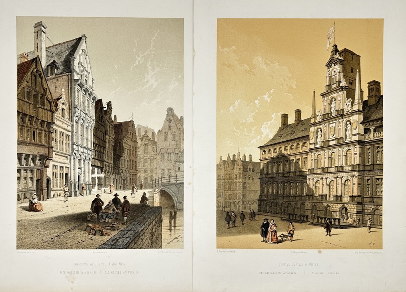 François Stroobant (1819–1916) – Set of 2 Architectural Views – Old Houses at Mechelen & Town Hall Antwerp – Chromolithographs (c.1860s)