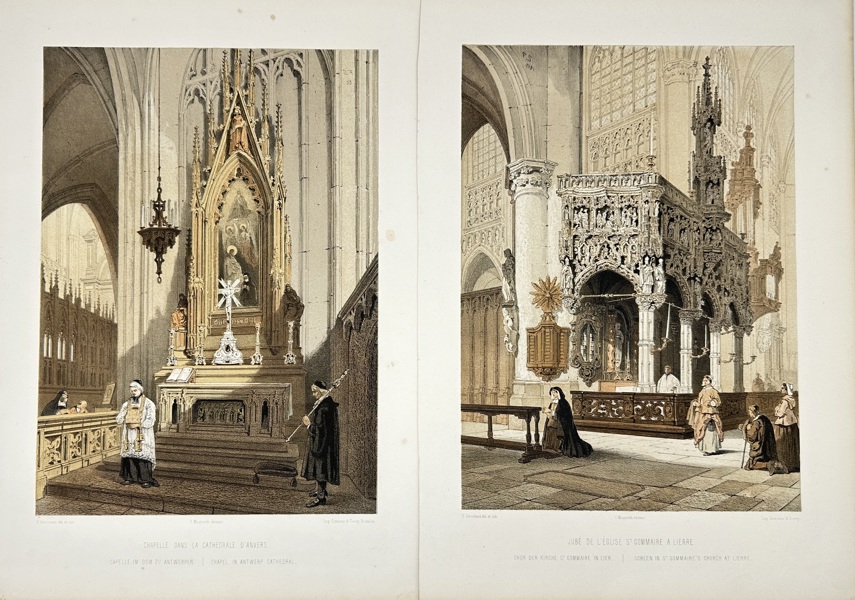 François Stroobant (1819–1916) – Set of 2 Church Interiors – Chapel in Antwerp Cathedral & Choir Screen of St. Gommaire, Lier – Chromolithographs (c.1860s)