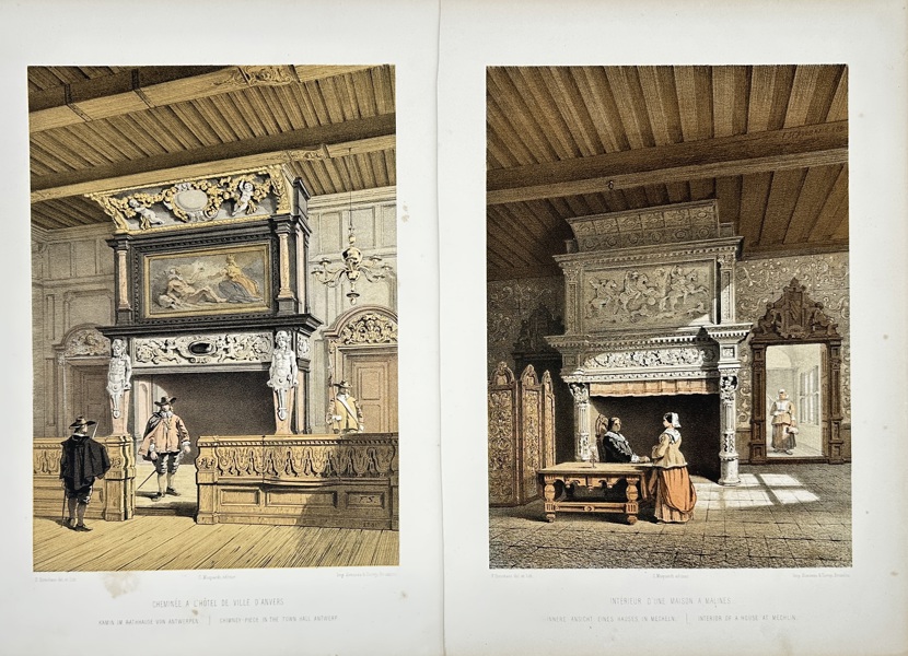 François Stroobant (1819–1916) – Set of 2 Interior Views – Chimney Piece at Antwerp Town Hall & House Interior at Mechelen – Chromolithographs (c.1860s)