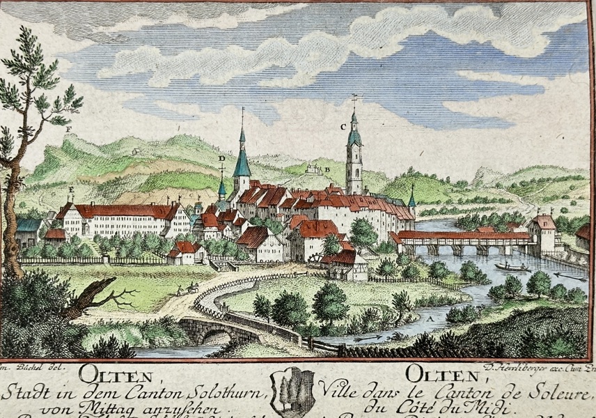 David Herrliberger (1697–1777) & Emanuel Büchel (1705–1775) – View of Olten and the Aare River – Hand-Coloured Engraving (c.1750s)