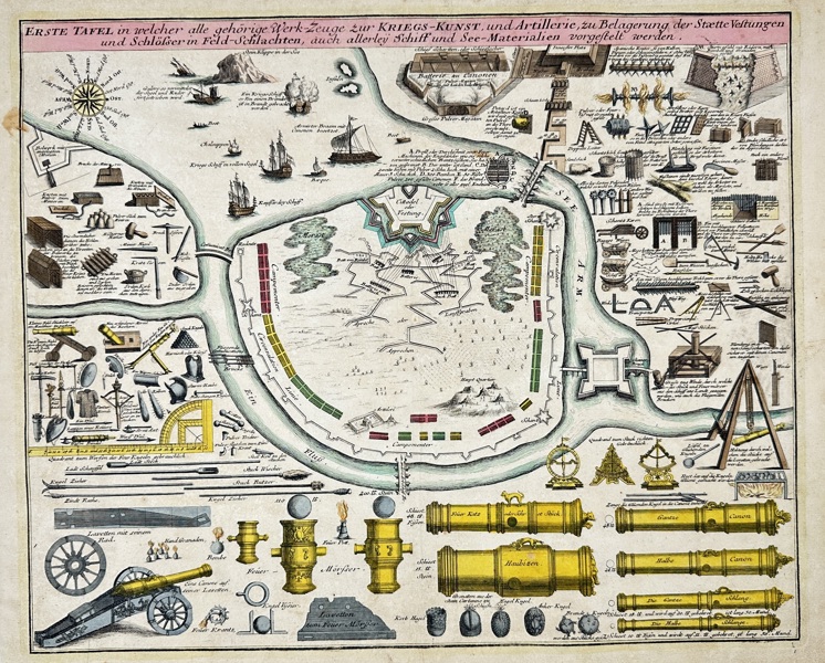 Christoph Weigel (1654–1725) – Plate of the Art of War and Artillery – Hand-Coloured Copperplate Engraving – 1718