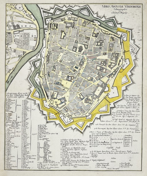 Christoph Weigel (1654–1725) – Map of the City of Augsburg / Urbis Augustae Vindobonae – Hand-Coloured Copperplate Engraving – Early 18th Century