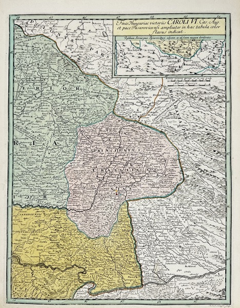Christoph Weigel (1654–1725) – Map of the Enlarged Borders of Hungary under Emperor Charles VI / Fines Hungariae Victoriis Caroli VI. Caes. Aug. – Hand-Coloured Copperplate Engraving – 1720