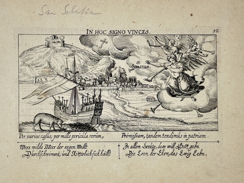 Daniel Meisner (1585–1625) – View of San Sebastián – In Hoc Signo Vinces – Emblematic City Engraving – c.1625