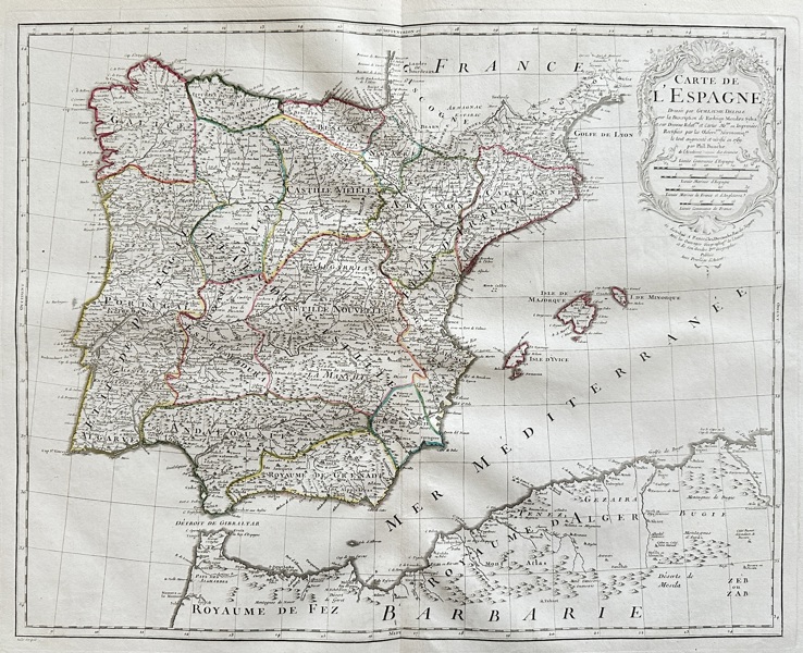 Guillaume Delisle (1675–1726) & Phillipe Buache (1700–1773) – Large Map of Spain and Portugal / Carte de l’Espagne et du Portugal – Copperplate engraving (1765)