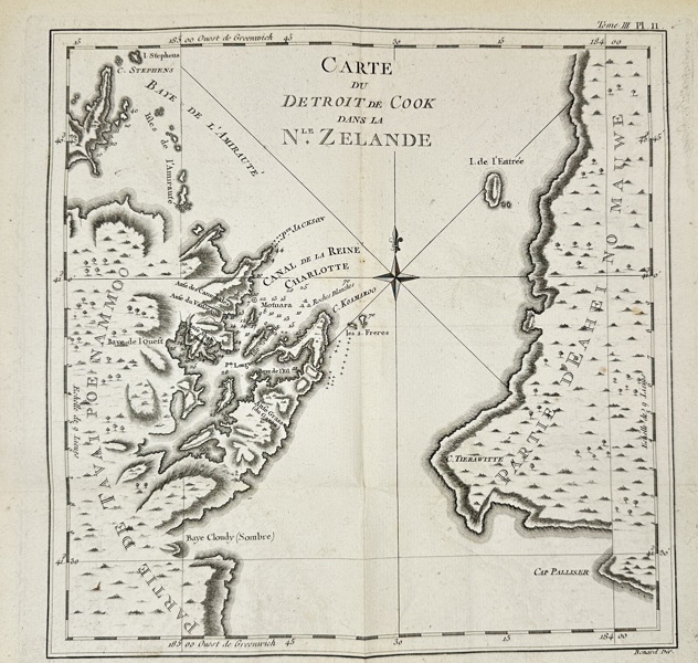 Jean-Baptiste Benard (active 18th century) – Map of Cook Strait in New Zealand / Carte du Detroit de Cook dans la Nouvelle Zelande – Copperplate engraving (c. 18th century)