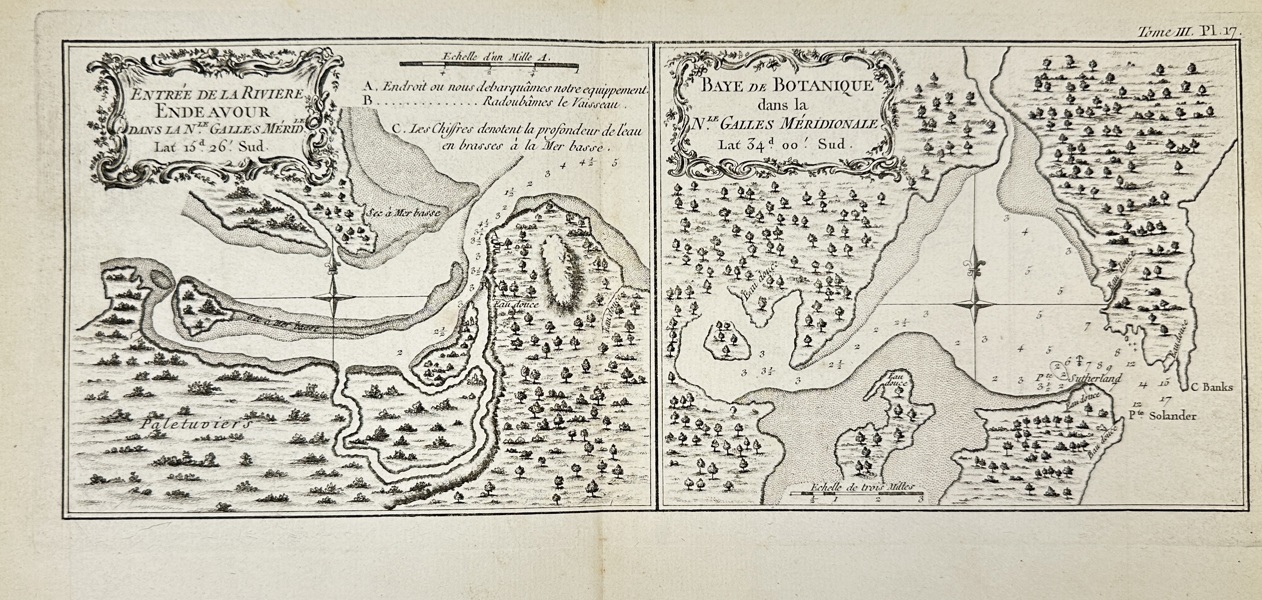 John Gibson (active 18th century) & Thomas Bowen (active 18th century) – Map of the Entrance of Endeavour River and Botany Bay in New South Wales – Copperplate engraving (1773)
