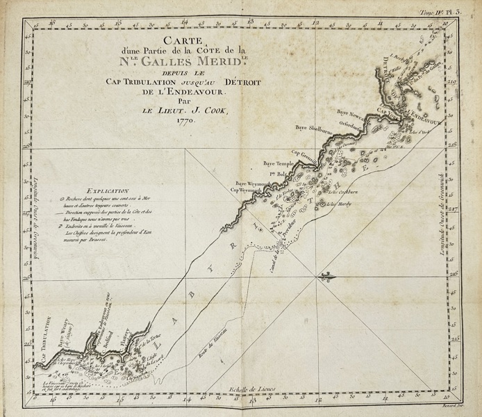 John Hawkesworth (1715–1773) and James Cook (1728–1779) – Map of a Part of the Coast of New South Wales from Cape Tribulation to the Entrance of Endeavour River – Copperplate engraving (1770)
