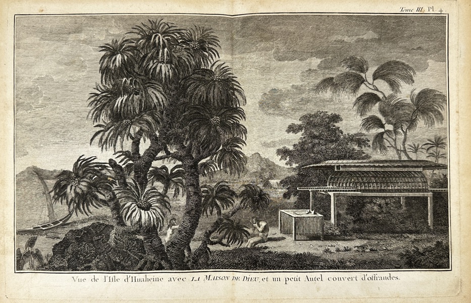 John Hawkesworth (1715–1773) and James Cook (1728–1779) – View of the Island of Huahine with the House of God and a Small Altar Covered with Offerings – Copperplate engraving (1774)