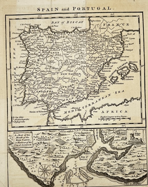 Sylvanus Urban– Map of Spain and Portugal / A Map of the Mouth of the River Tagus, or Harbour of the City of Lisbon – Copperplate Engraving (c. 1756)