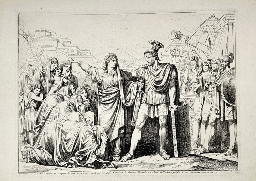 Bartolomeo Pinelli (1781–1835) – Coriolanus is Disarmed by Veturia / Veturia Conoscendo l’Impero che Essa Ava Sempre Avuto sul Suo Figlio Coriolano lo Disarma – Etching (1818)
