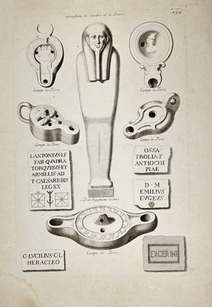 Bernard de Montfaucon (1655–1741) – Roman Lamps and Funerary Inscriptions / Lampes romaines et inscriptions funéraires – Copperplate Engraving (Early 18th Century)