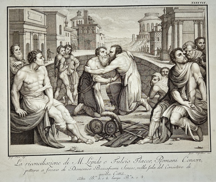 Gaetano Vascellini (1745–1805), after Domenico Beccafumi – The Reconciliation of Marcus Aemilius Lepidus / La riconciliazione di M. Lepido e Fulvio Flacco – Copperplate Engraving (Late 18th Century)
