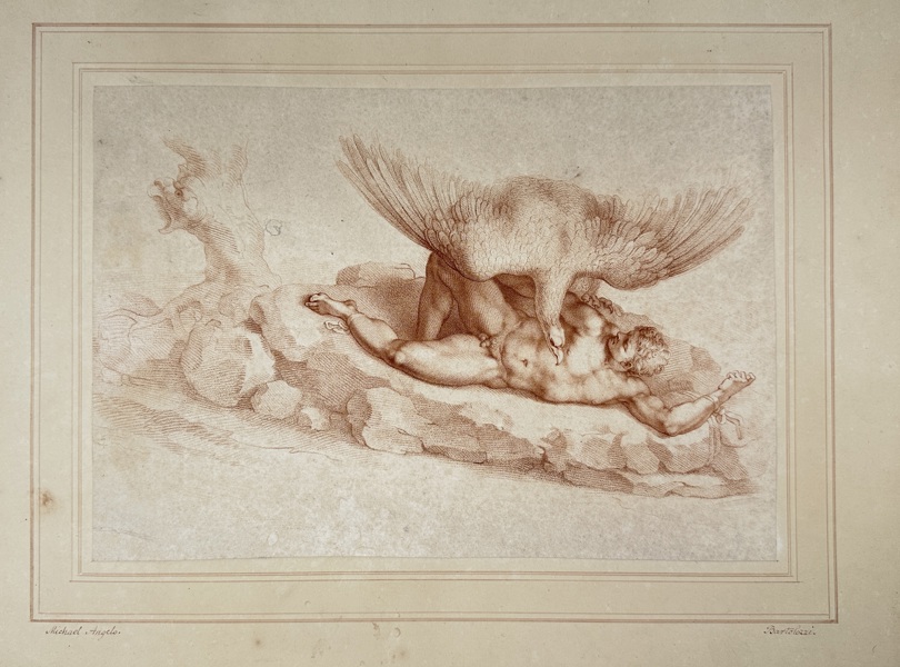 Francesco Bartolozzi (1728–1815), after Michelangelo Buonarroti (1475–1564) – Prometheus Chained / Prometeo incatenato – Crayon-Manner Etching in Red Ink (1795)