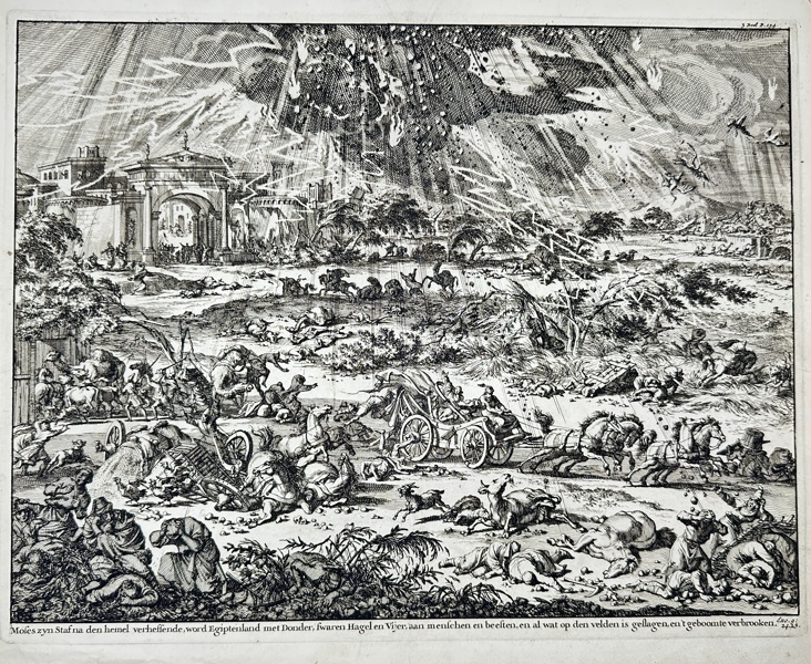 Willem Goeree (1635–1711) & Jan Luyken (1649–1712) – Moses Sends Thunder and Hail upon Egypt / Mosè manda tuoni e grandine sull’Egitto – Etching (circa 1700)