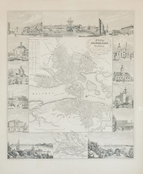 Johann Friedrich Meyer & Frederik Henrik Dethleff  – Plan and Panorama of Stockholm with Surroundings - Lithograph with engraved vignettes - c.1860s