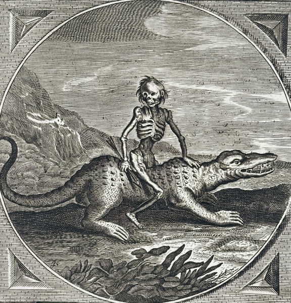 Jacob Cats (1577–1660), Adriaen Pietersz. van de Venne (1589–1662), Jan Swelinck – Death Riding the Crocodile / Nescit habere modum – Engraving (17th Century)