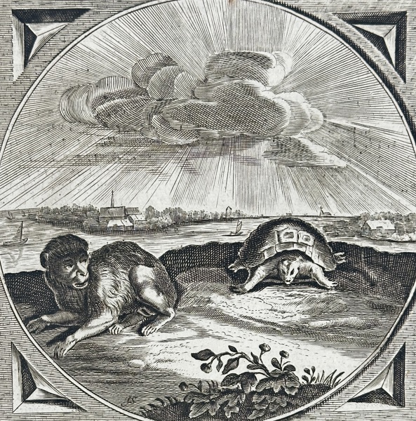 Jacob Cats (1577–1660), Adriaen Pietersz. van de Venne (1589–1662), Jan Swelinck – The Ape and the Tortoise / Dissidet quod impar est – Engraving (17th Century)