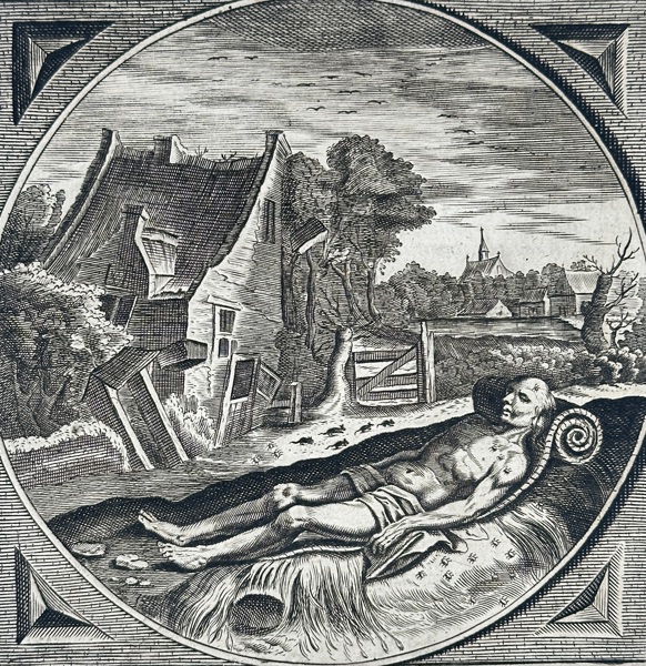 Jacob Cats (1577–1660), Adriaen Pietersz. van de Venne (1589–1662), Jan Swelinck – The Dying Man in the Ruin / Nemo dolens patet libidini – Engraving (17th Century)