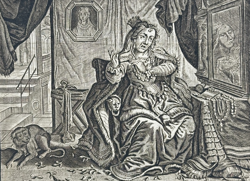 Jacob Cats (1577–1660), Adriaen Pietersz. van de Venne (1589–1662), Jan Swelinck – The Aging Beauty Before the Mirror – Engraving (17th Century)
