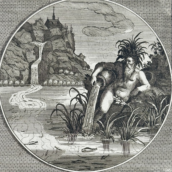 Jacob Cats (1577–1660), Adriaen Pietersz. van de Venne (1589–1662), Jan Swelinck – The Water Spirit and the Mountain Stream / Tango, non frangor ab undis – Engraving (17th Century)