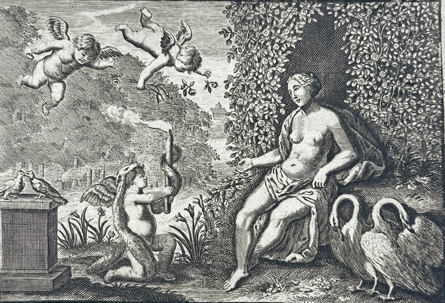 Jacob Cats (1577–1660), Adriaen Pietersz. van de Venne (1589–1662), Jan Swelinck – Venus and Cupid Observing the Widow / Engraving (17th Century)