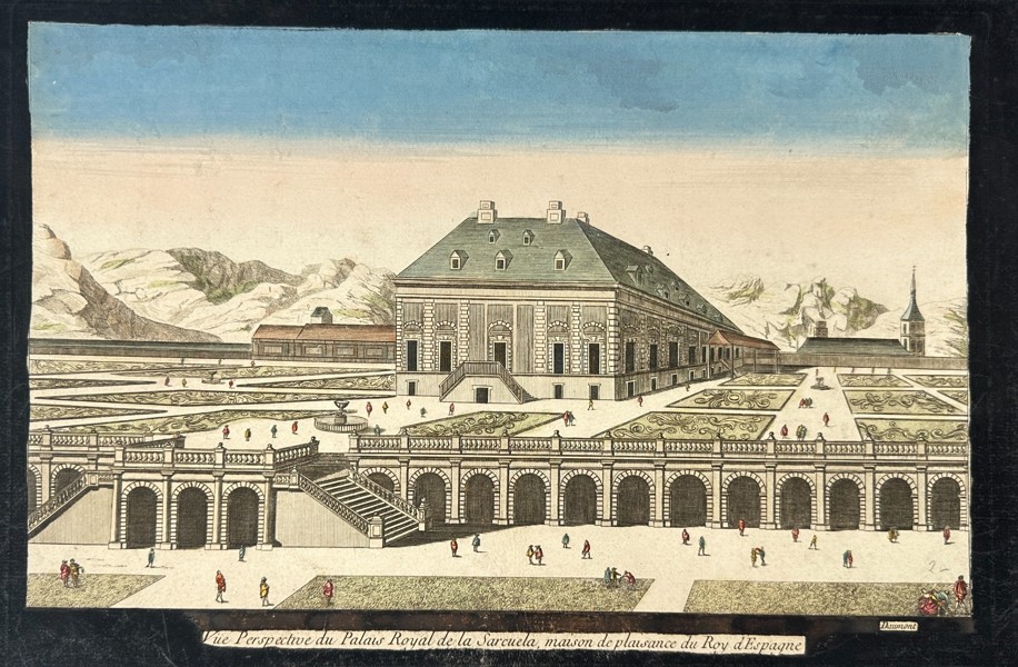 Jean-François Daumont – Perspective View of the Royal Palace of La Zarzuela near Madrid, Spain – Hand-Coloured Optical Etching (c.1775)
