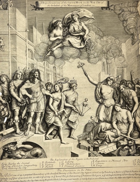 John Bowles (publisher, active 1701–1779) – A Representation of the Carved Work on the West Side of the Pedestal of the Monument of London – Engraving (c.1676)