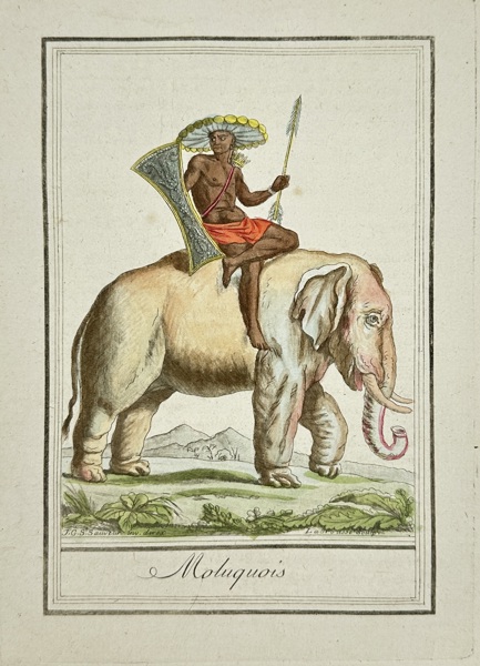 Jacques Grasset de Saint-Sauveur (1757–1810) – Moluccan Warrior on Elephant – Original Hand-Colored Engraving – 1780