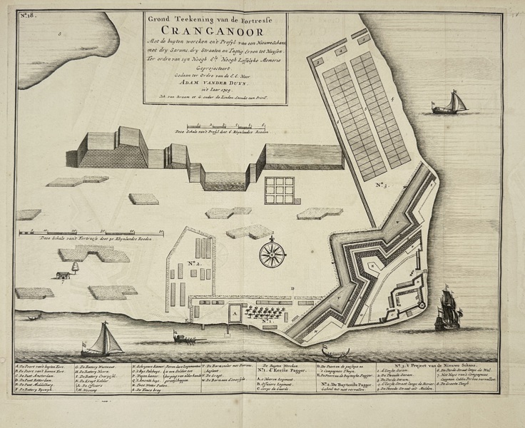 Adam van der Duyn – Grond Teekening van de Fortresse Cranganoor – Dutch Fortification Plan – Copperplate Engraving – 1709