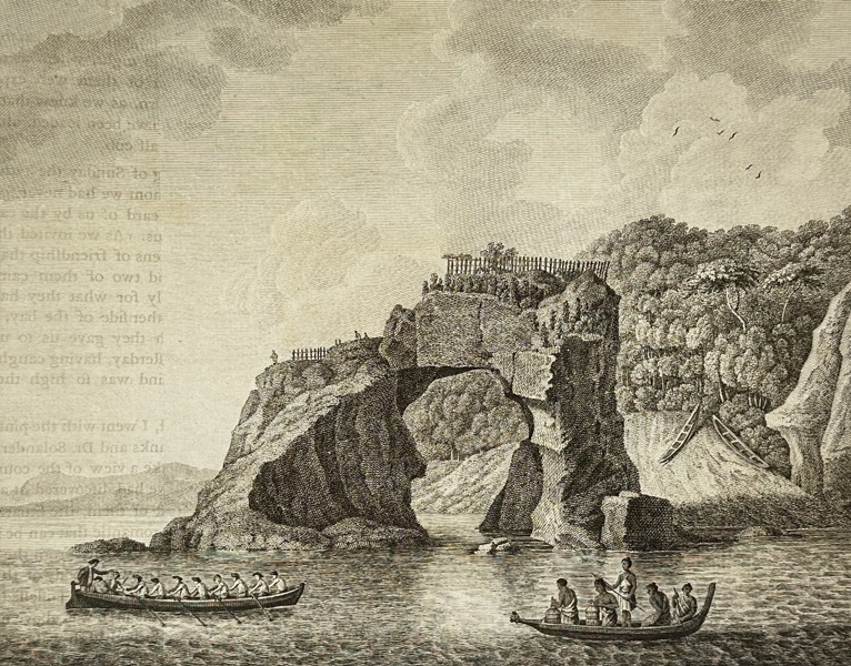 John Hawkesworth – A Fortified Village (Hippah) on a Rock at Tolaga Bay – Original Copperplate Engraving – 1773